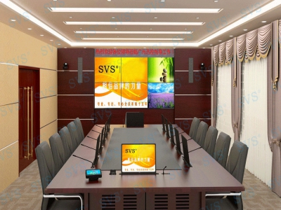 方形会议室效果图（带显示屏隐藏系统设备）